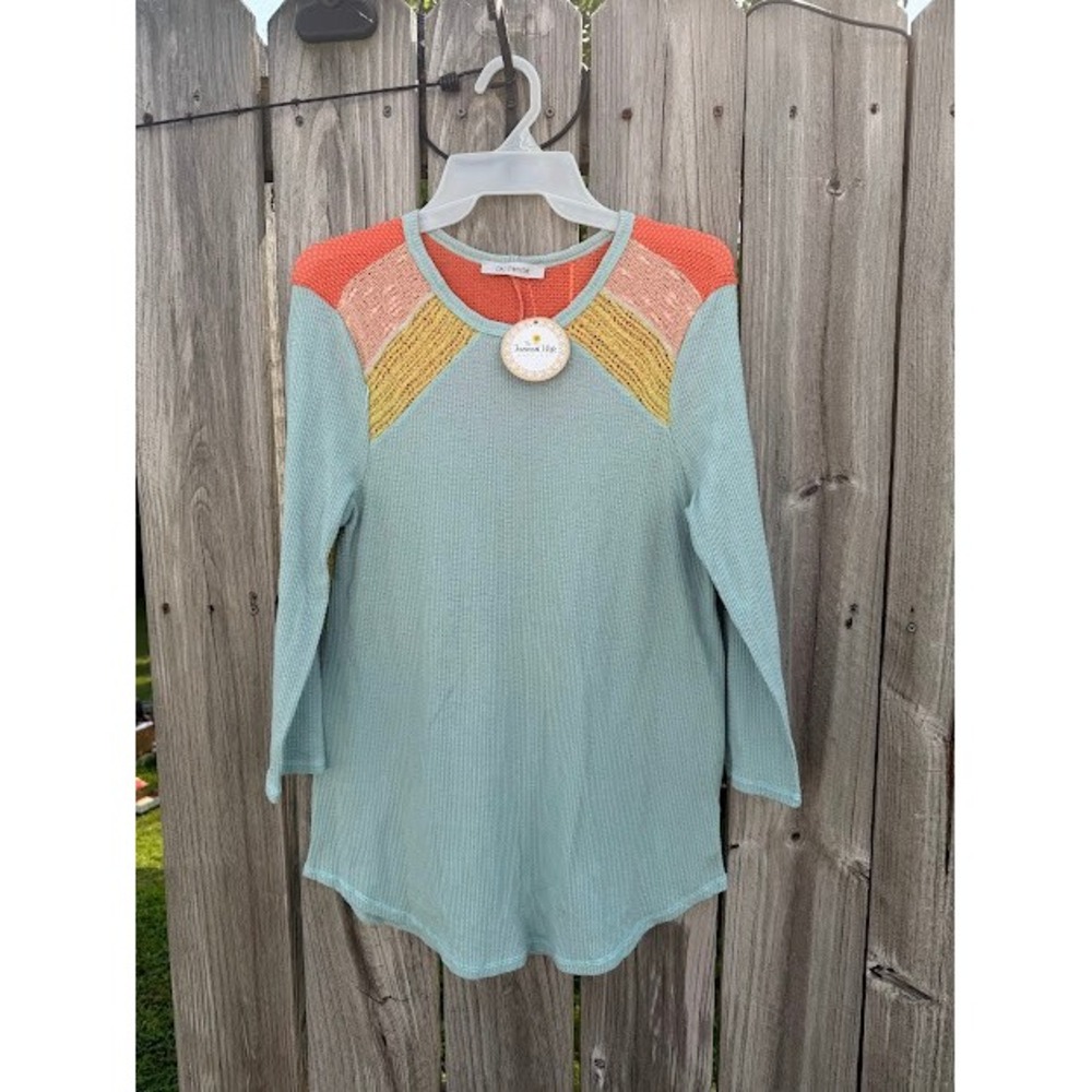 Boho Waffle Knit Ces Femme Top L Sage Green Colorblock Crochet Thermal TT3814